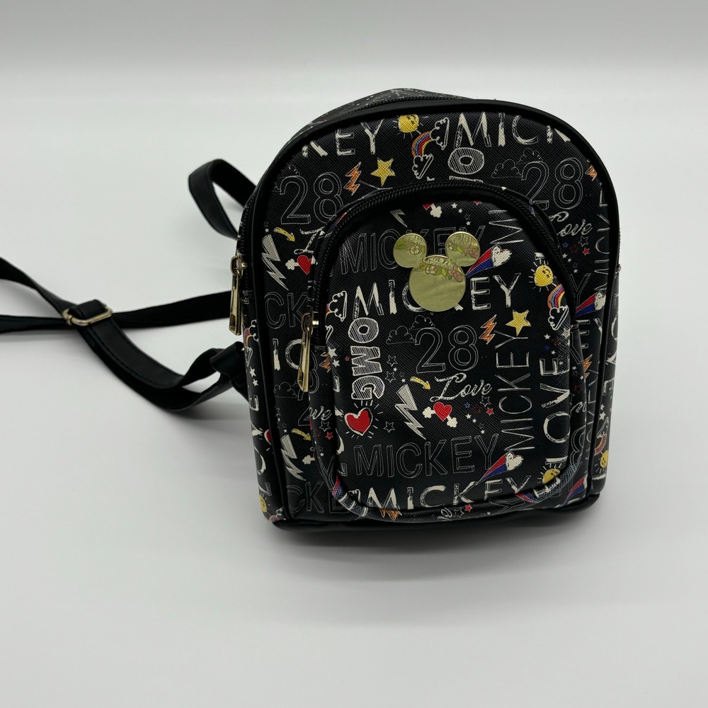 Disney Mickey Mouse Mini Backpack Black Gold‎ Lettering Pattern Print Cute